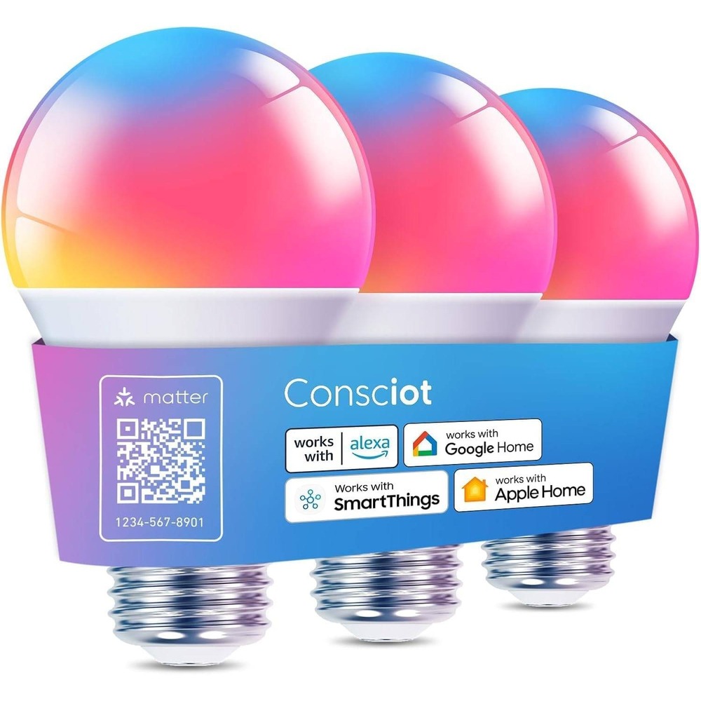 Set of 3 Consciot Smart LED Bulbs, WiFi Bluetooth Color Changing, Music Sync, 60